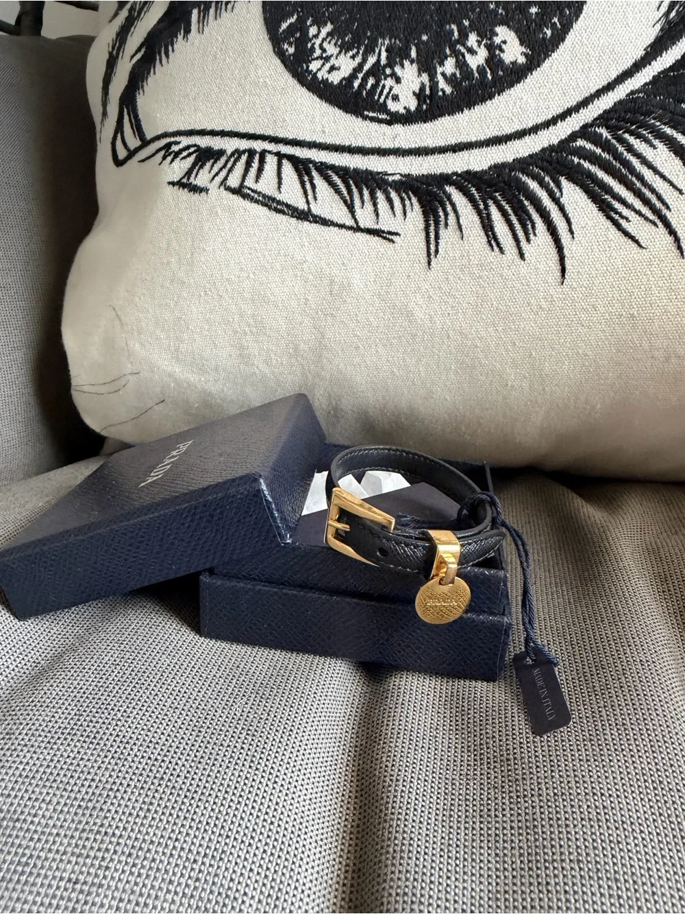 Prada Black Leather Belt Bracelet with Gold-Tone Charm